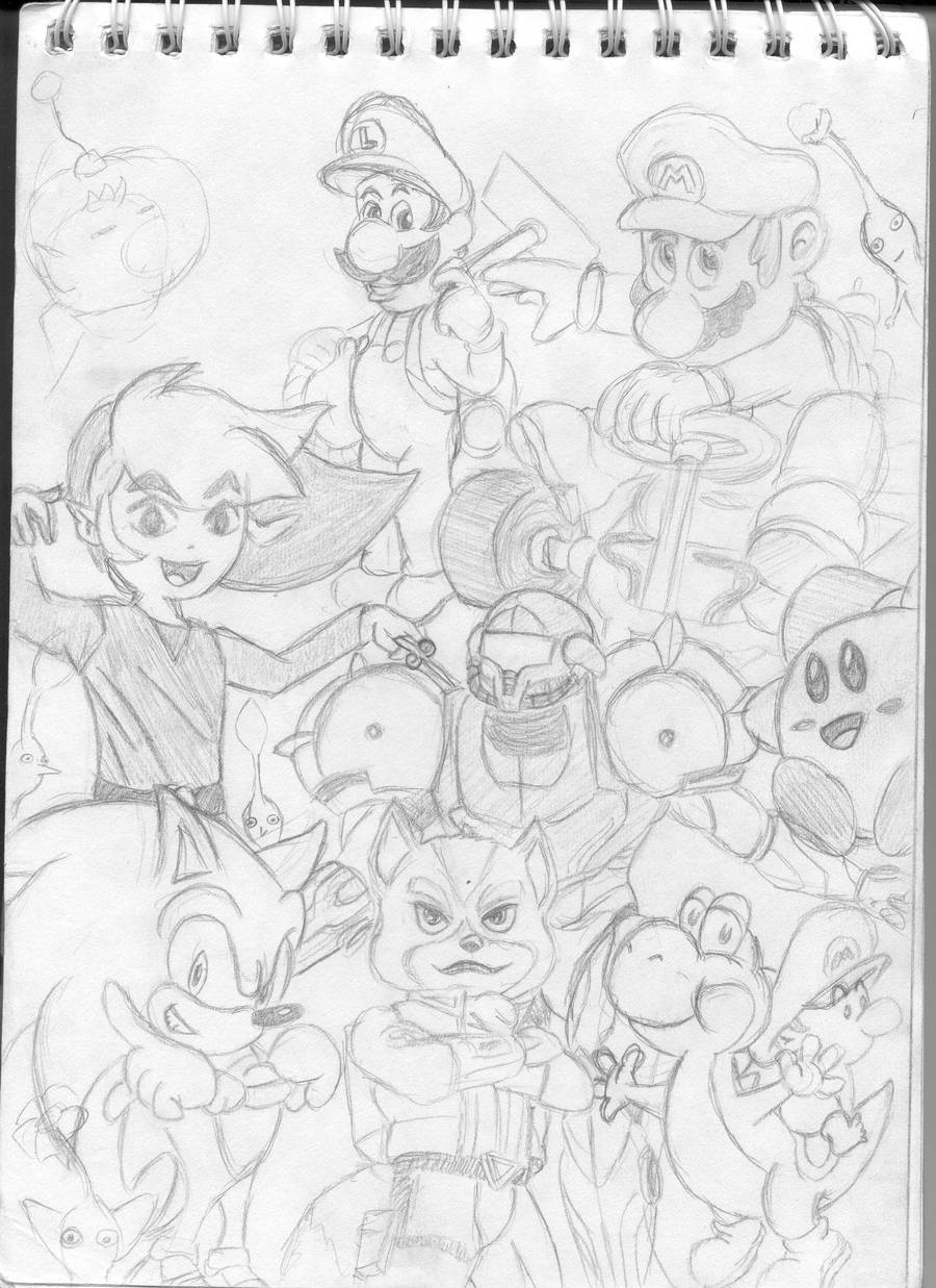 Pencil drawing of: Super Smash cast members by RoosterBatman on DeviantArt
