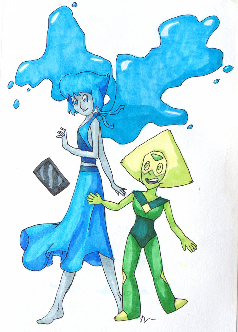 So, I really wanted to draw Lapis again and Peridot because they're adorable together with their sculpture that is definitely not art.  Also I had gotten new markers and I had the perfect colo...