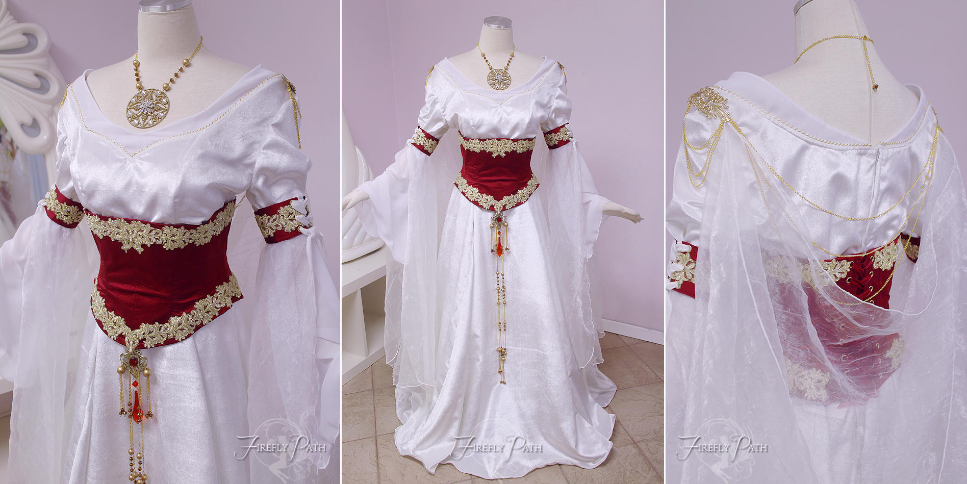 White and Crimson Medieval Gown by Firefly-Path
