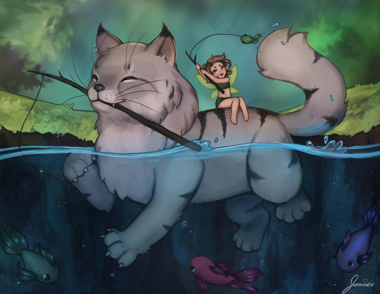 Fishing cat + fairy by jemajema