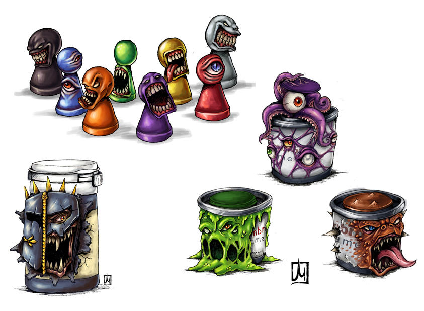 Monsterpawn and paintbottles by melvindevoor