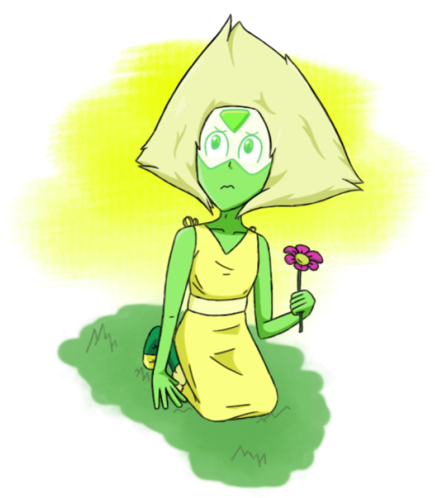 I wanted to do a picture of Peridot for a couple days, and I really liked that flower girl dress she wore in that one episode. So I made this smol dorito.