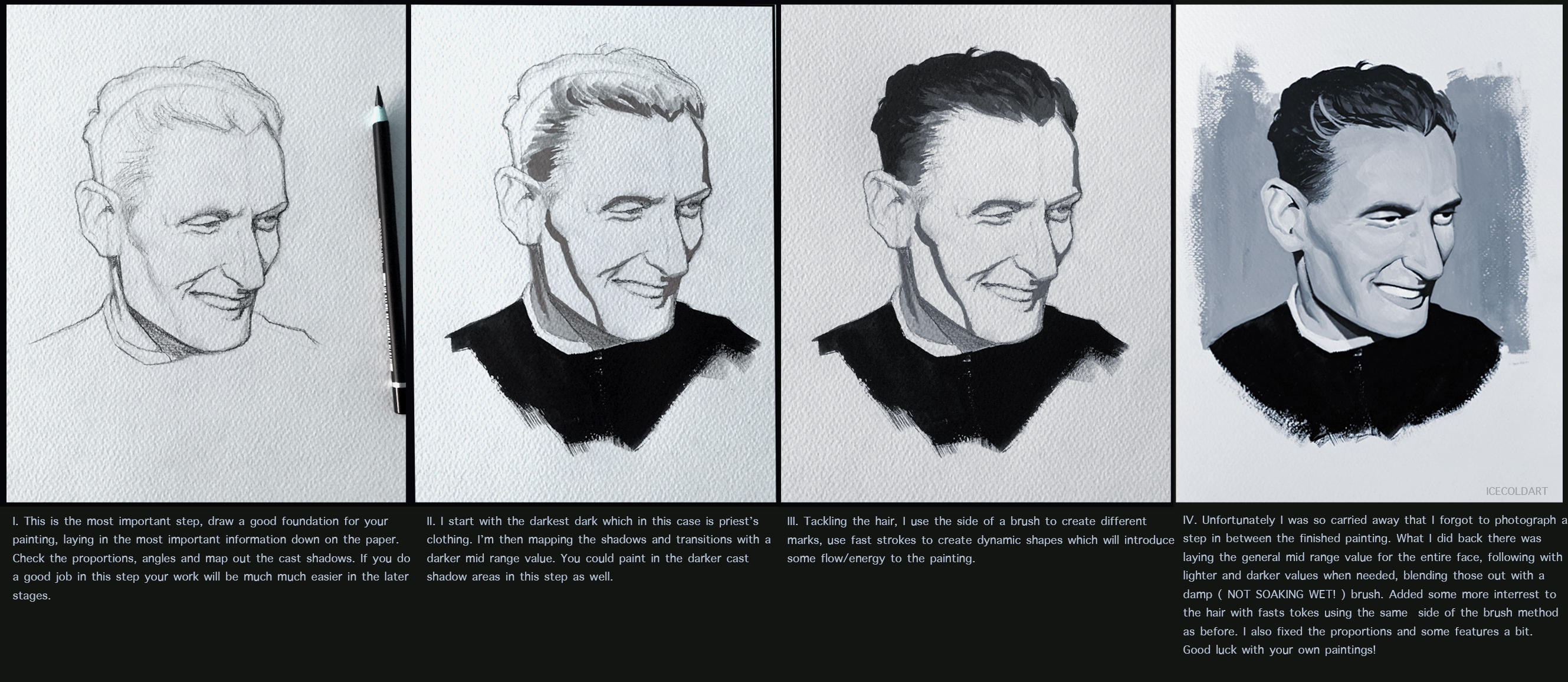 Realistic Gouache portrait tutorial/step by step by Icecoldart
