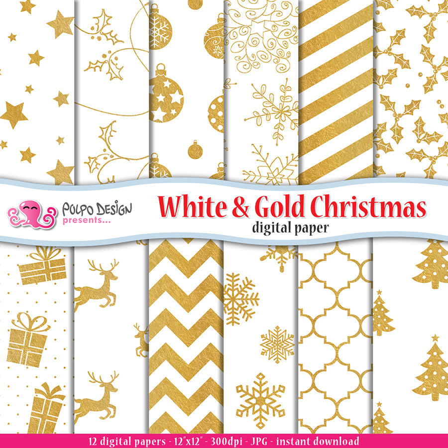 White and Gold Christmas Digital Paper by PolpoDesign