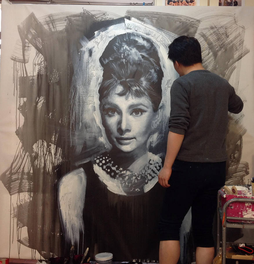 Audrey Hepburn Breakfast at tiffany painting WIP 3 by michaelandrewlaw
