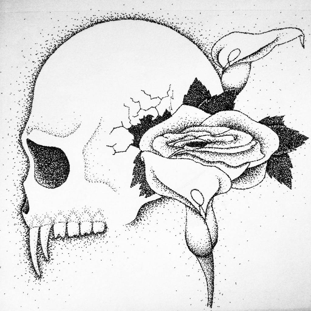 Skull and Rose Stipple Shaded Drawing by ...