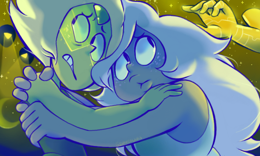 Someone on tumblr suggested amethyst and peridot, aah I realized I haven't drawn them in forever!-- the invasiony background was pretty fun to do too!