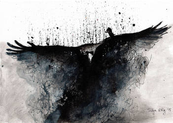 Raven rising from dust (ink painting on canvas) by DoodleWithGlueGun