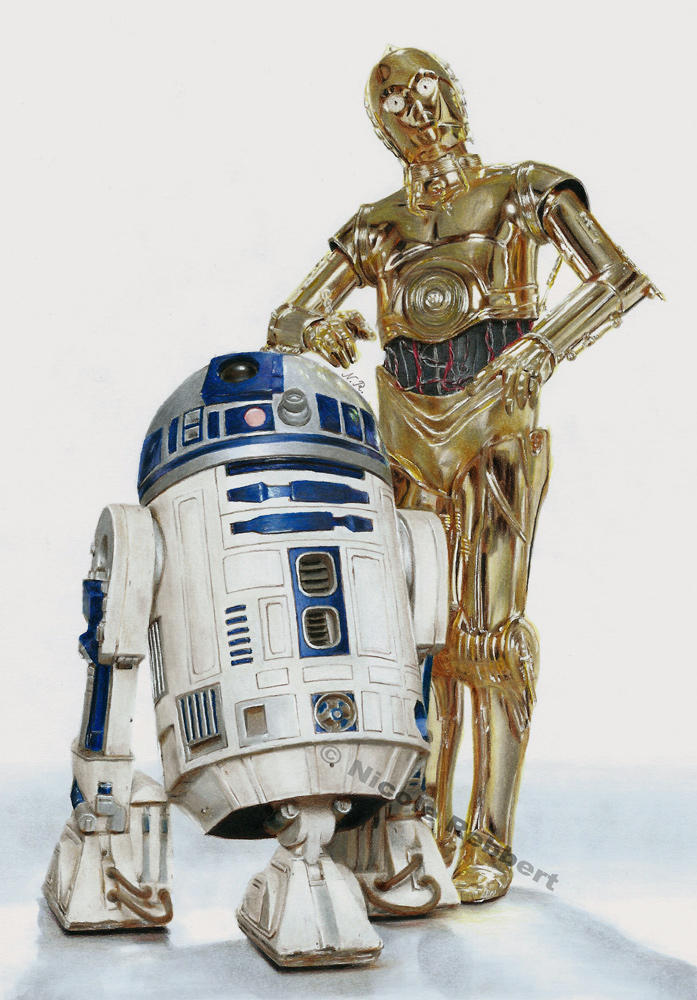 R2D2 and C3PO (drawing) by Quelchii