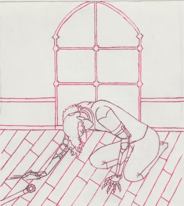 The same image as above, but without any color. The lines are inked in bright red.