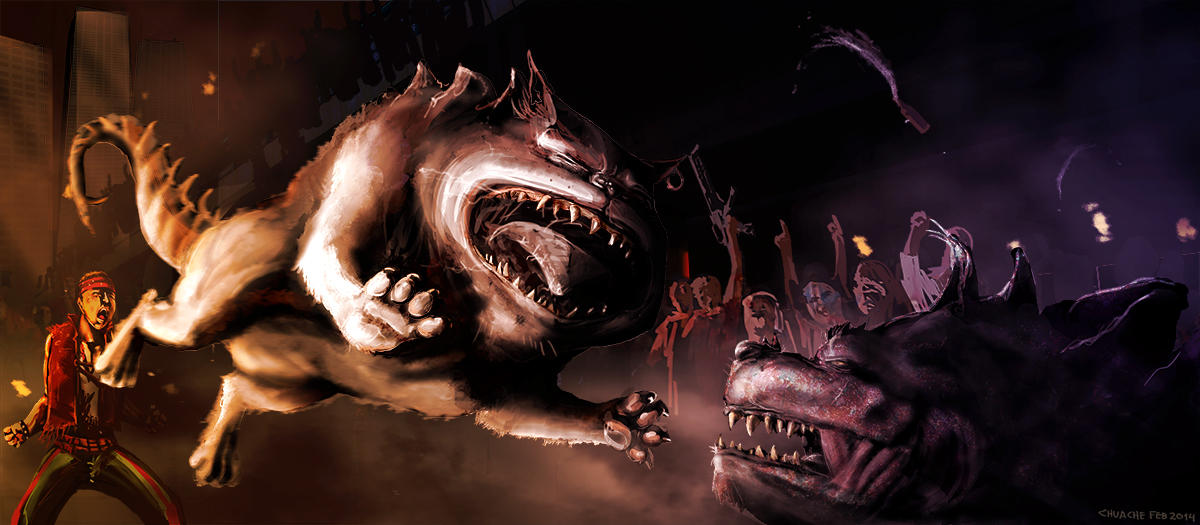 Pitbullsaur fight by Ryoishen