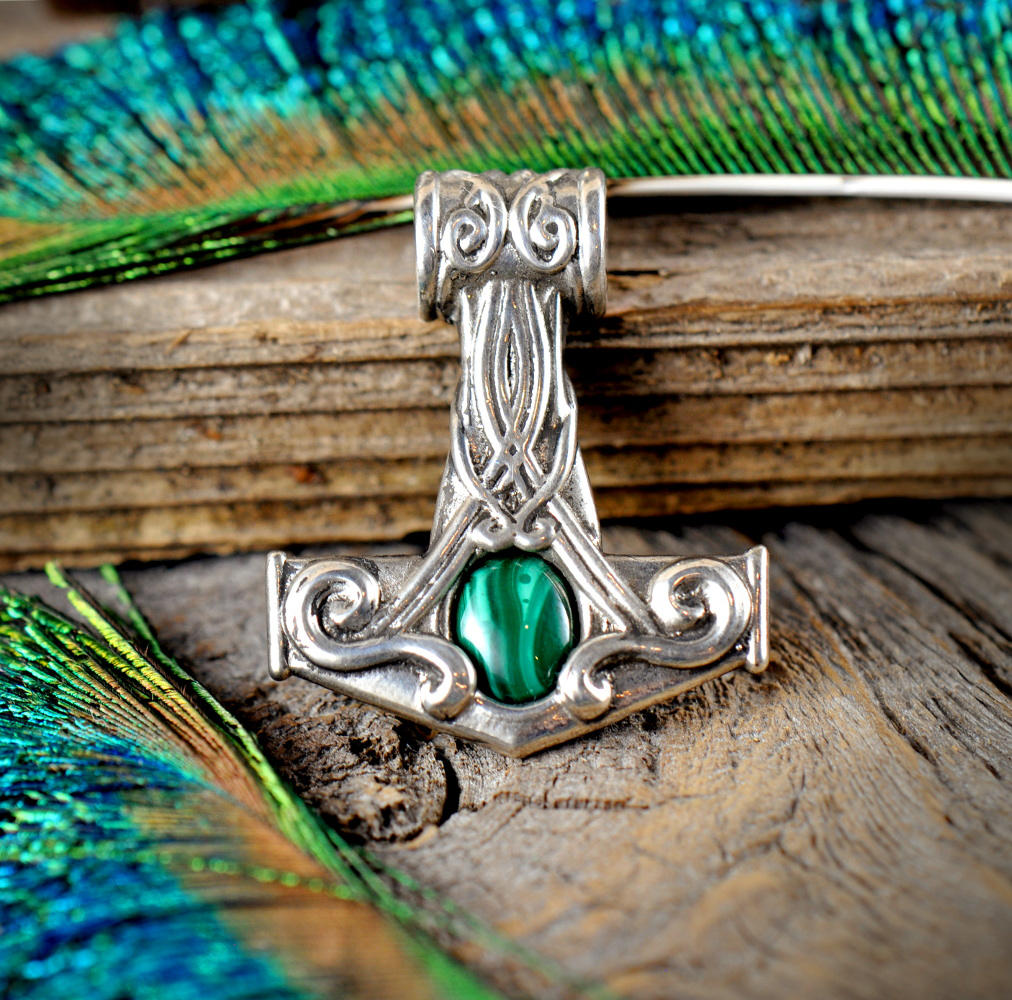 Sterling Silver Mjolnir with Malachite by Kittenpants