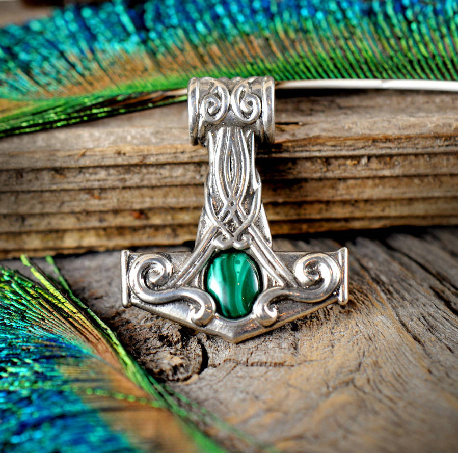 Sterling Silver Mjolnir with Malachite by Kittenpants