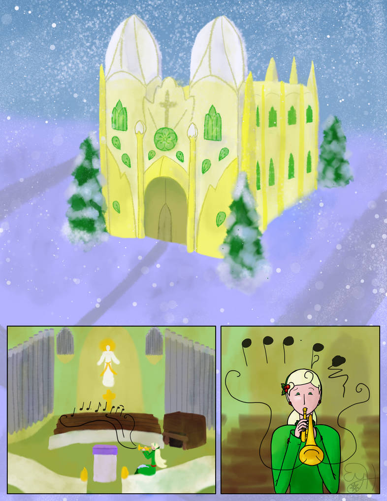 Initial shot of a snow-covered cathedral.  Inside is Holly, desperately trying (and failing) to play "Hark, the Herald Angels Sing" on her trumpet.