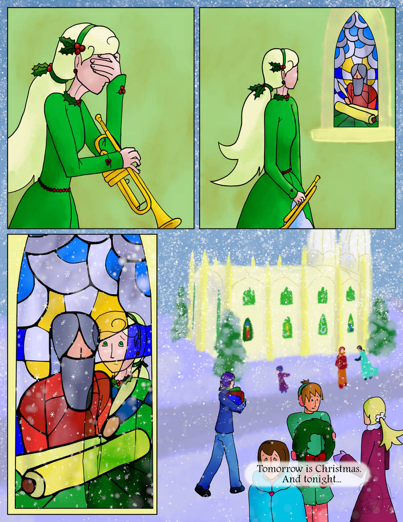 Despondently, Holly wanders over to one of the stained-glass windows and looks through a clear section of glass.  Outside, people are cheerfully preparing for Christmas.  Narration: Tomorrow is Christmas.  And tonight...