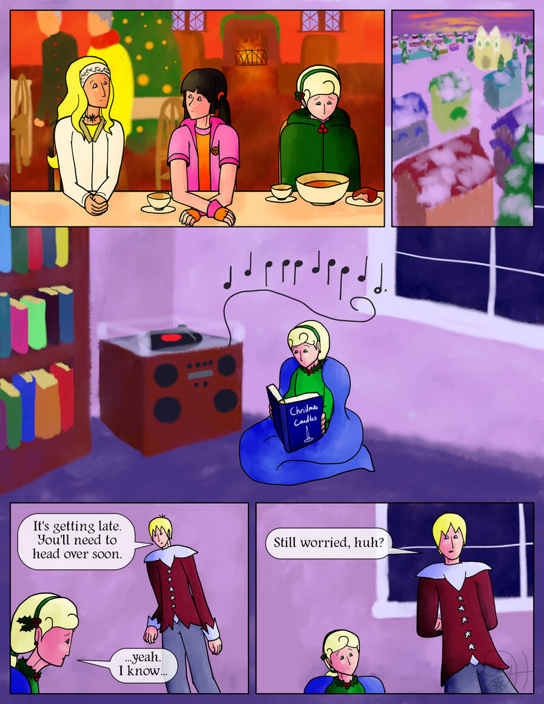 Holly looks down in distress, and Chamomile and Rosehip exchange worried glances.  Later in the evening, back at home, Holly curls up in a blanket by the record player, reading a Christmas story book.  Her brother, Hoya, approaches.  Hoya: It's getting late.  You'll need to head over soon.  Holly: ...yeah.  I know...  Hoya: Still worried, huh?