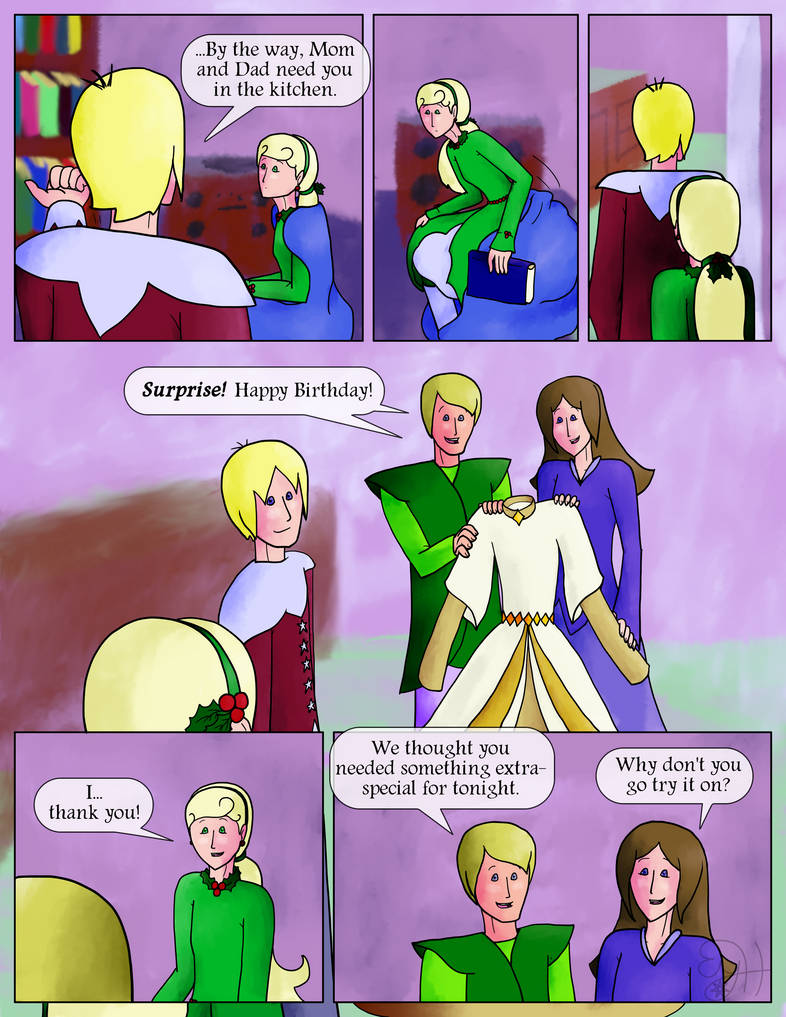 Hoya: ...By the way, Mom and Dad need you in the kitchen.  Holly hesitates, then stands and follows him to where their parents are waiting.  Hosta and Campanula: Surprise!  Happy Birthday!  They hold up a new dress reminiscent of her usual one, but more flowing and mostly white.  Holly: I... thank you!  Hosta: We thought you needed something extra-special for tonight.  Campanula: Why don't you go try it on?