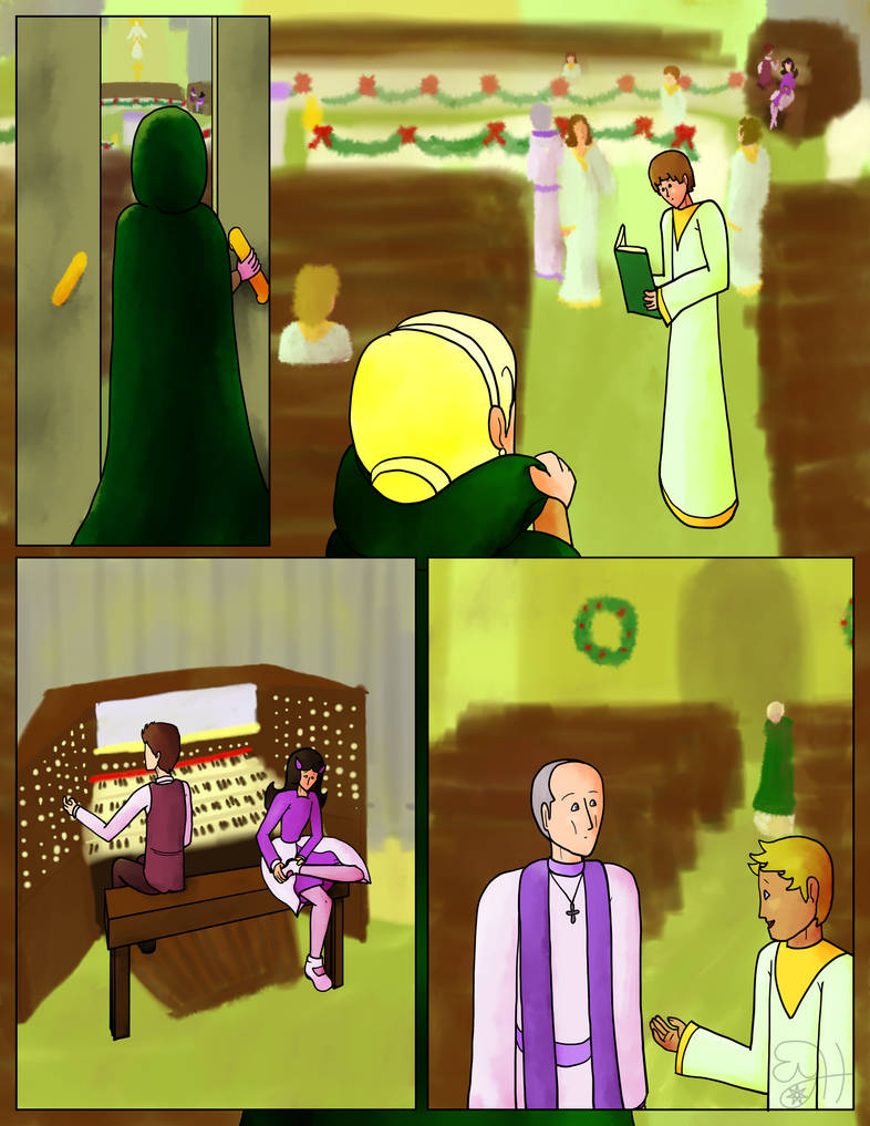 She enters the cathedral where members of the choir are arriving, and Oregano and Orchid are getting set up on the organ.  Father Polyphon is overseeing things, and notices Holly coming in.