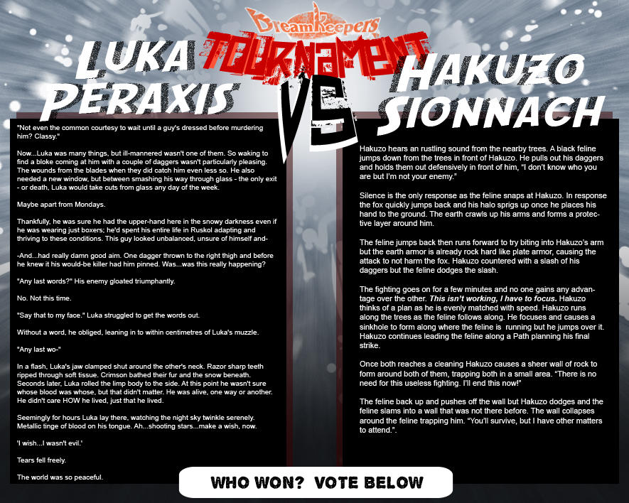 Tournament Match 5: Luka vs Hakuzo by Dreamkeepers