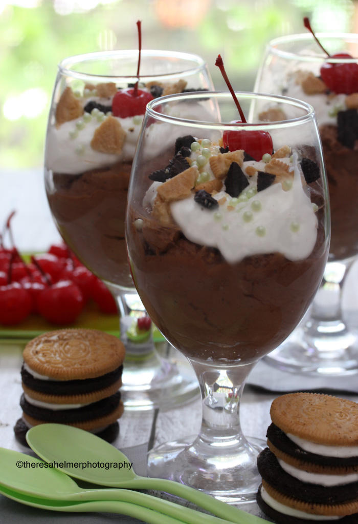 Dark Chocolate Mousse w/ Oreo heads/tails Cookies by theresahelmer
