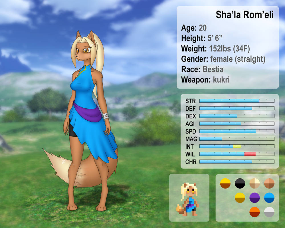 Sha'la Rom'eli character sheet by Nakate