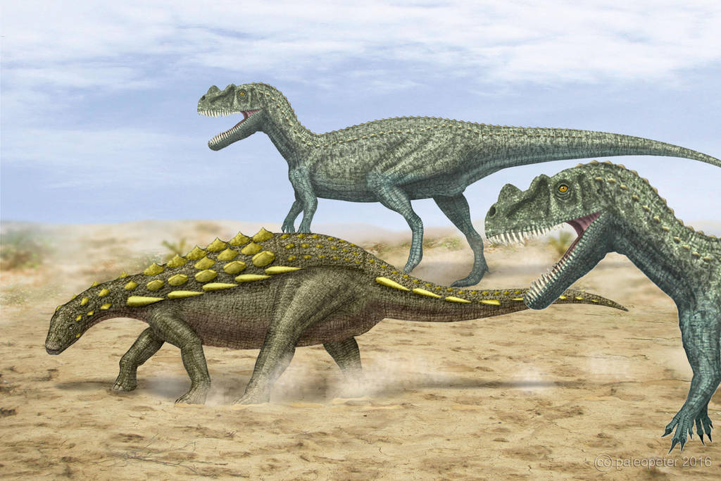 Mymoorapelta + Ceratosaurus by paleopeter