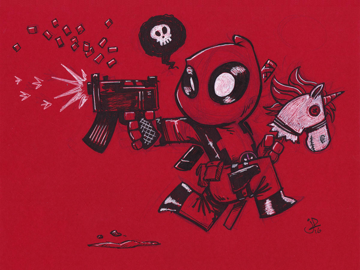 Chibi Hobby Horse Unicorn Deadpool Uzi by joelduggan