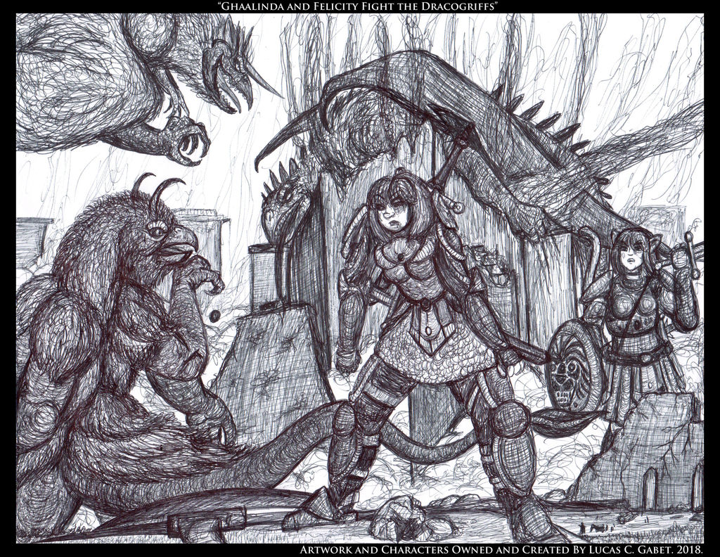 Ghaalinda and Felicity Fight the Dracogriffs by LucasCGabetArts