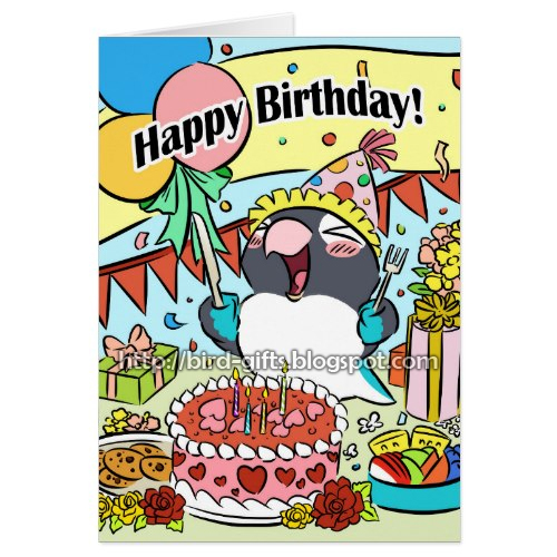 Black masked lovebird happy birthday parrot greeting card