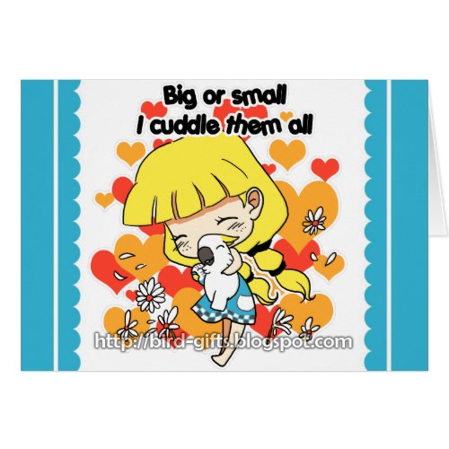 Girl cuddling birds greeting card