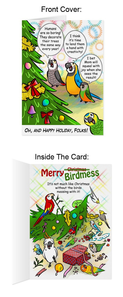 Parrots and Christmas tree greetings card