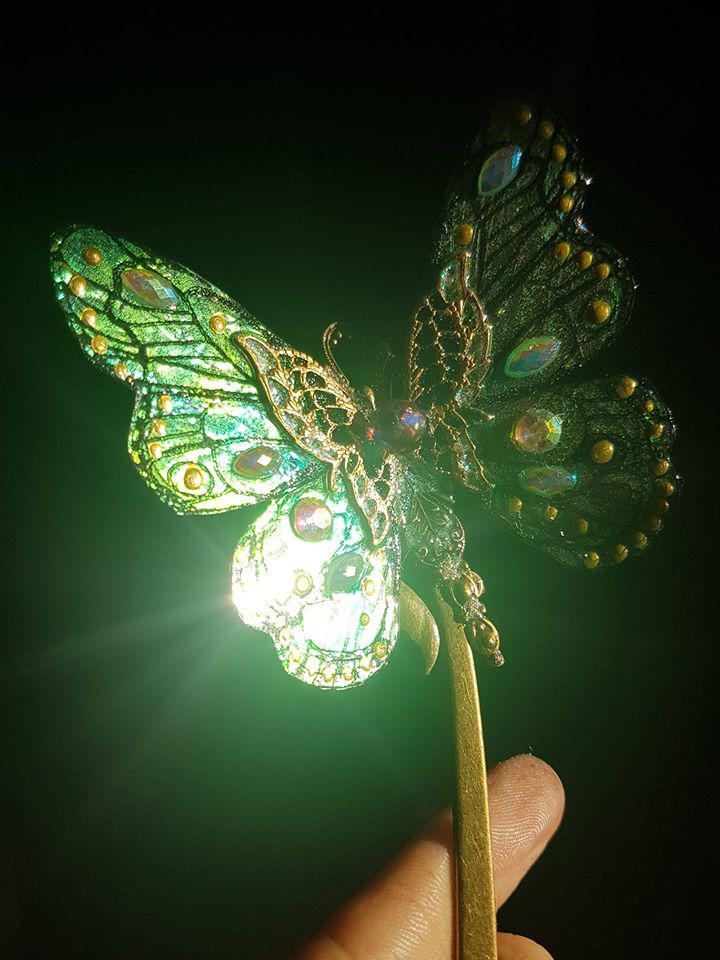 Green Flame butterfly hairpin by fairyfrog