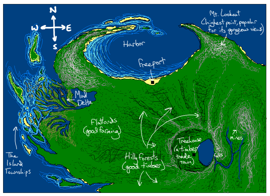 A map of Treehouse and the surrounding areas, done in MS Paint because I'm a professional adult.  It's on a stretch of land, mountainous and hilly, surrounded by ocean to the north and east, and more forest and swamps down to the south and west.