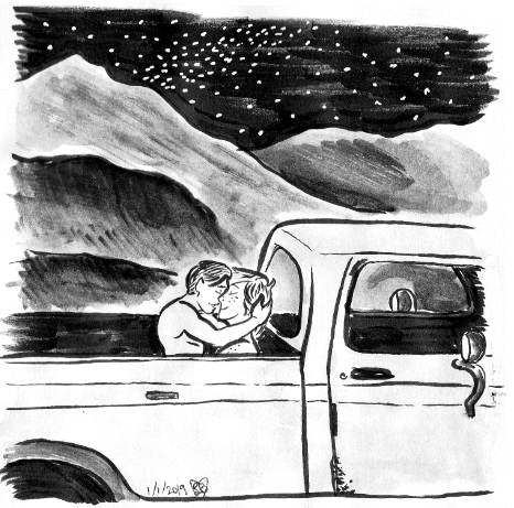 A black and white ink wash illustration of Raige and Thomas making out in the back of Thomas's ancient truck, surrounded by stars, desert, and mountains.