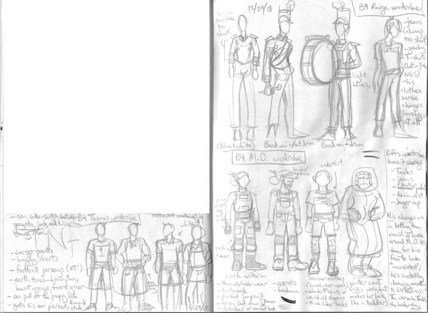 concept sketches of wardrobes for Raige, Thomas, and M.D. Raige's fashion sense changes not at all--he's all about geeky T-shirts with Nintendo or Latin competition sayings on them, and blue jeans that don't fit. Instead, I focus on getting his marching band uniform and drum harness right. Thomas code-switches between gangsta--baggy shorts, tank tops, exposed boxers--preppy Lacoste boy, and work outfits--he's done up as a waiter in one of them. M.D. wears work clothes--jumpsuits, overalls, galoshes, work boots, gloves, and at best, cut-off shorts and T-shirts with terrible random things on them, like commemorations of random stupid events from the 80s.
