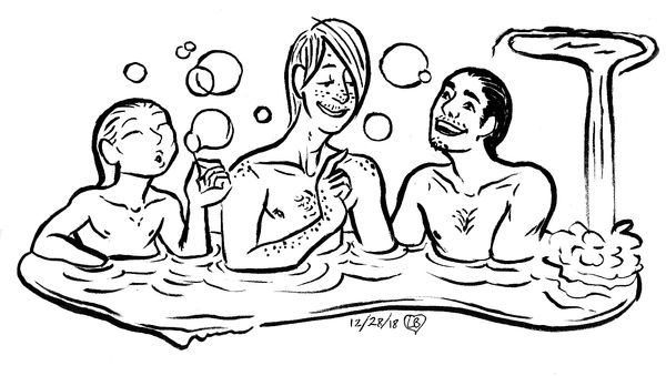 Raige, Thomas, and M.D. soak in a hot spring while M.D. blows bubbles. They all look happy and comfortable.