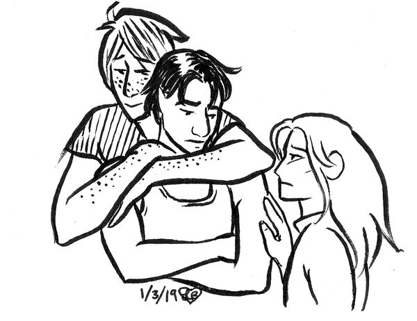 Inked illustration of an angry Thomas being held and comforted by Raige and M.D., all with bedheads.