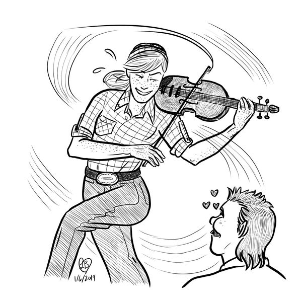 An inked illustration of Raige's mom, a bony freckled woman with thick brown hair, playing fiddle like a madman while smirking and looking flirty at George, who has a terrible early 80s mullet and looks on with adoration.