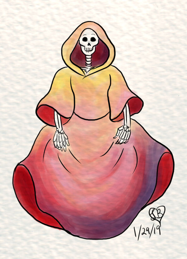 A digital drawing of the skeleton in robes. Same figure as before, but the lines are much cleaner, and the colors more saturated, with a rich cotton watercolor paper texture.