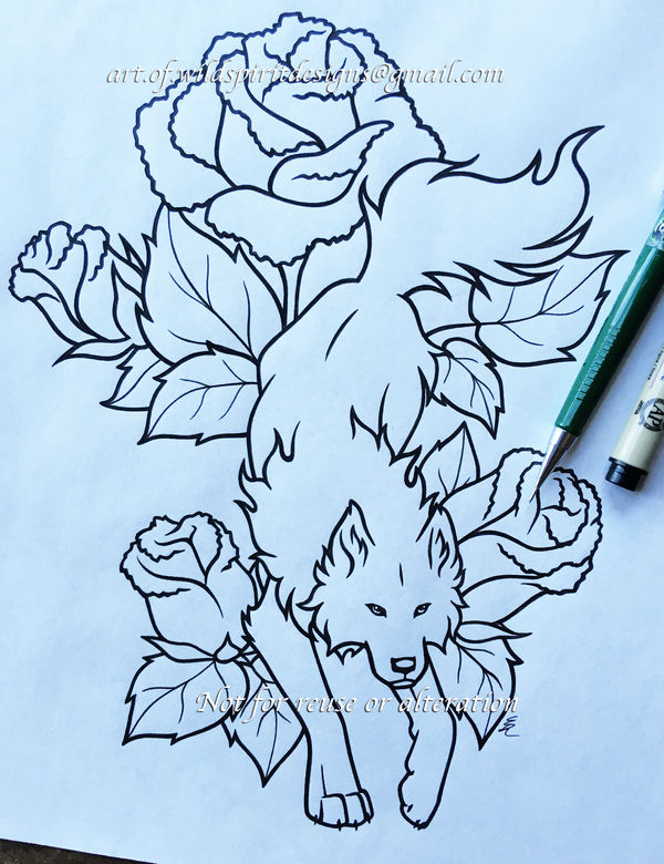 ember roses wolf lineart
