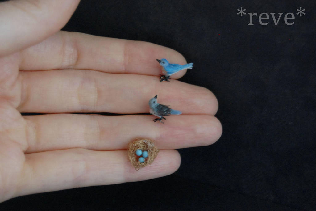 Bluebirds Family Handmade Miniature Sculpture by ReveMiniatures
