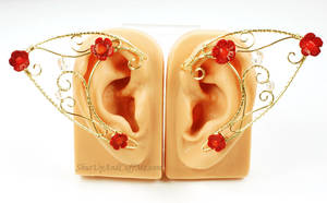 Red Coral Flowers and Golden Scrolls Elf Ear Cuffs by Gailavira