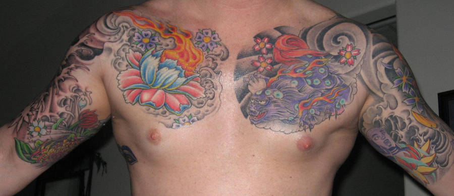 Flower Sleeve Chest Tattoos by jkrasher