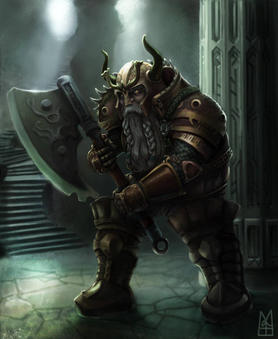 Dwarven warrior in a cold lit dungeon by MatBirdie