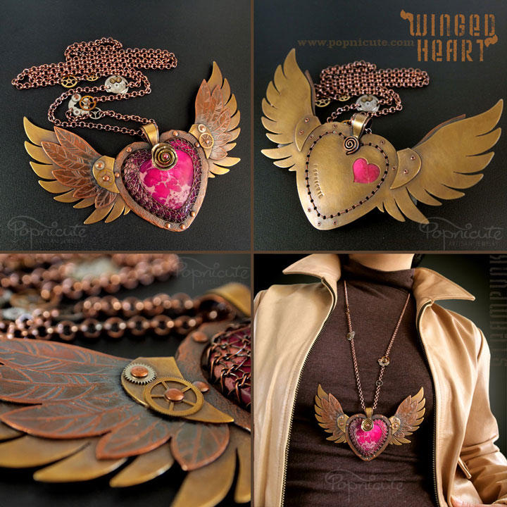 Steampunk Winged Heart Necklace Pendant by popnicute