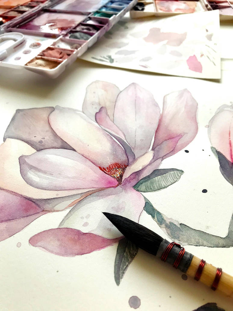 Magnolia, watercolor painting - WIP by jane-beata