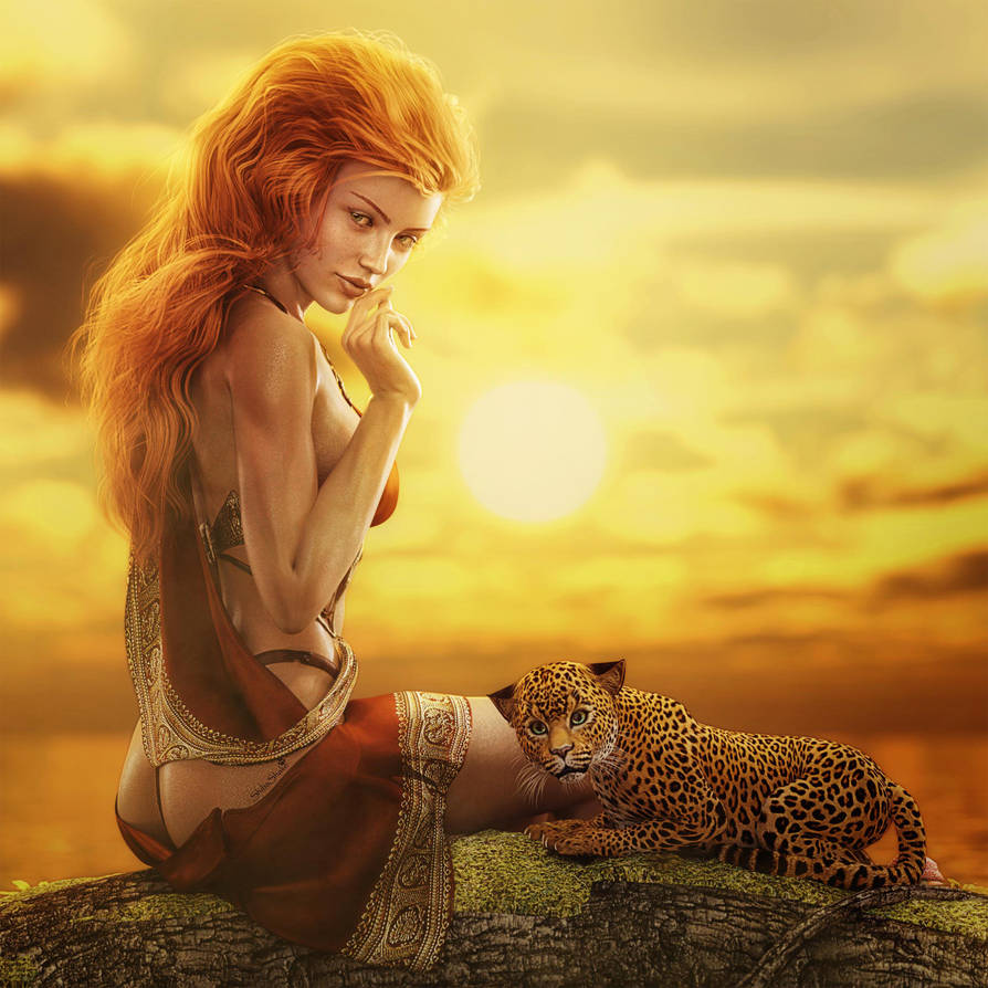 red head girl leopard cub at sunset art by daz3d iray lighting