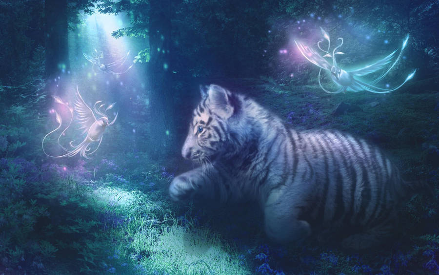White Tiger Cub and Phoenixes by MariLucia