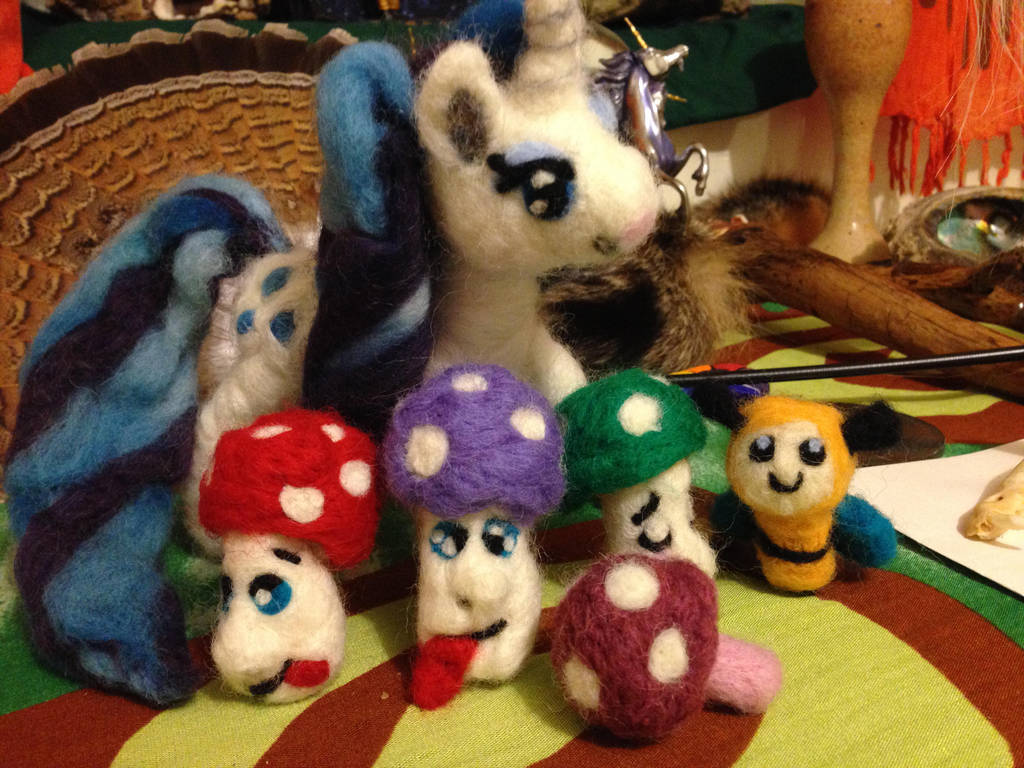 Needle Felting projects: MLP Rarity and shrooms by Black-Feather