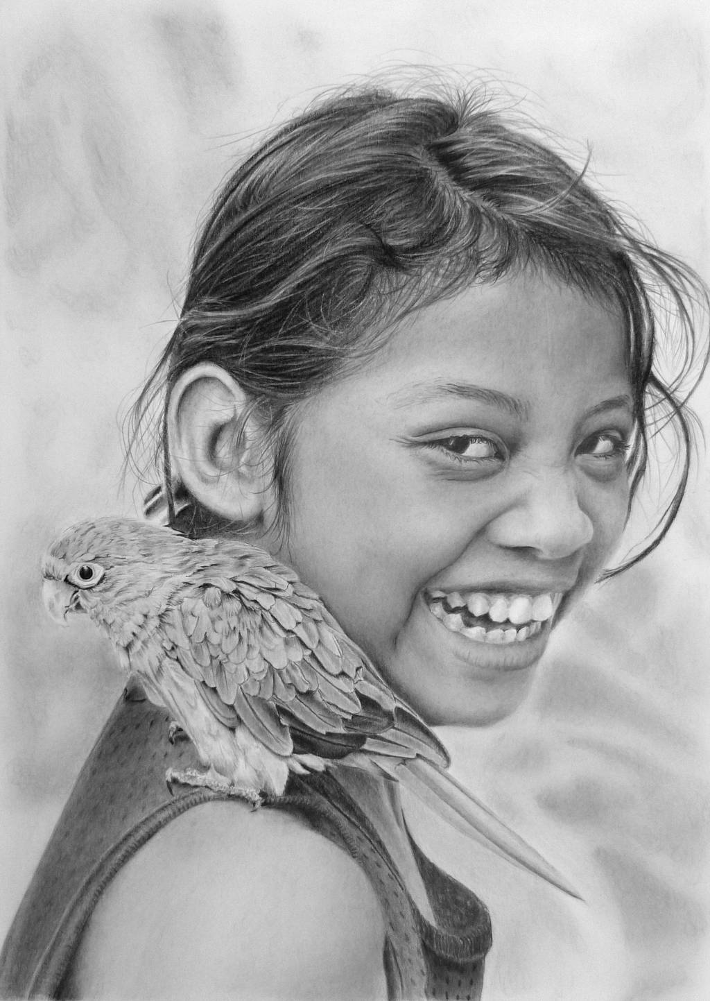 Pencil portrait of a girl with a parrot by LateStarter63